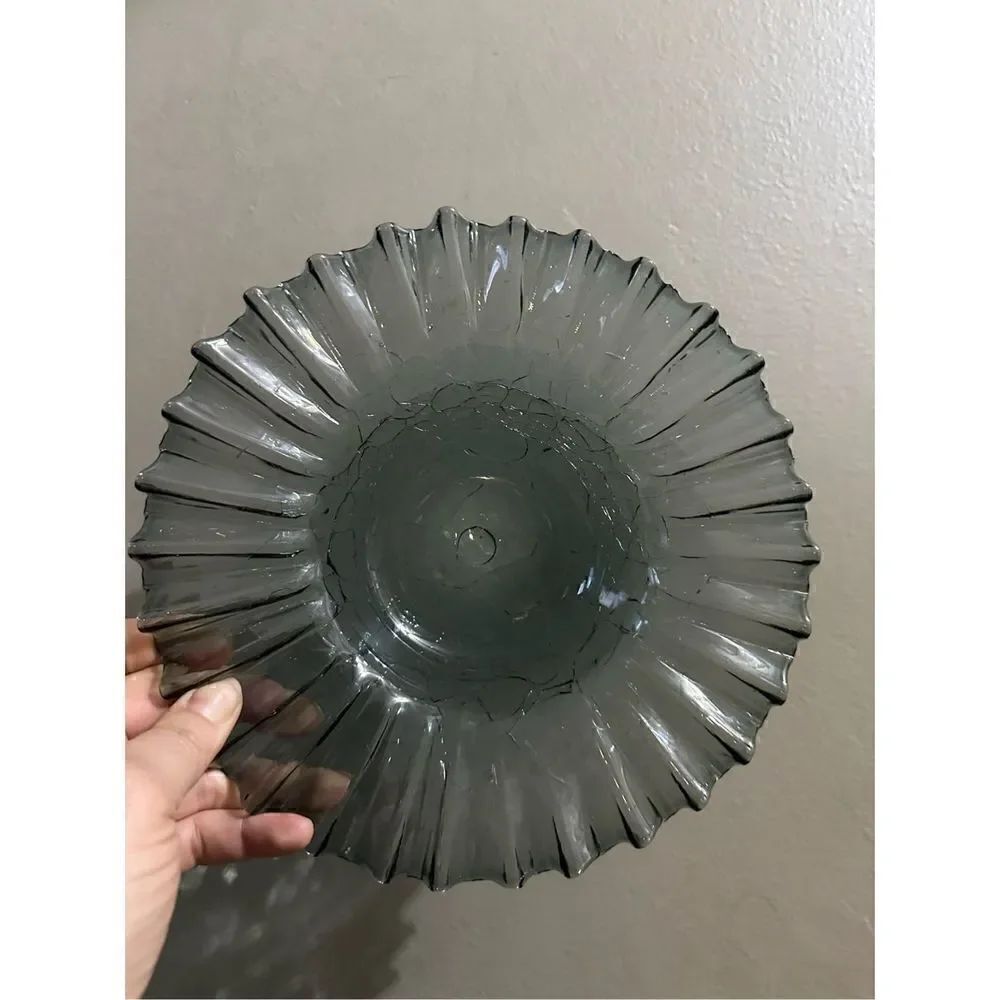 Vintage Smoky Gray Crackled Ribbon Handmade Glass Bowl 9.25” Retro MCM
